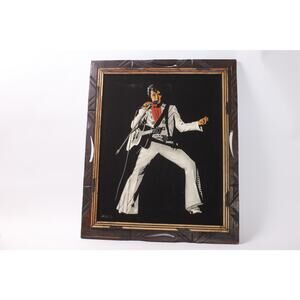 Elvis Presley in White Jumpsuit Black Velvet Painting Framed ~260205-WH 890
